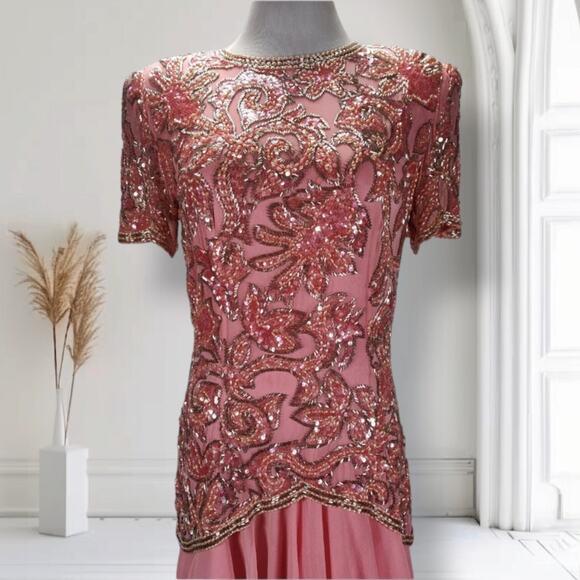 Vintage Lillie Rubin Sequin Silk Cocktail Dress Size 8 Pink Drop Waist Fit Flare - Picture 6 of 16